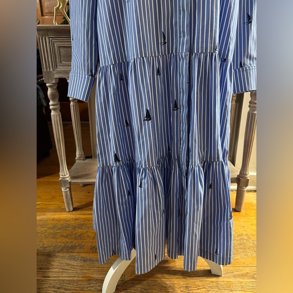 Chico’s Poplin Tiered Stripe Shirt Dress Sailboats Size 3 (US 16) Embroidered - Picture 8 of 12